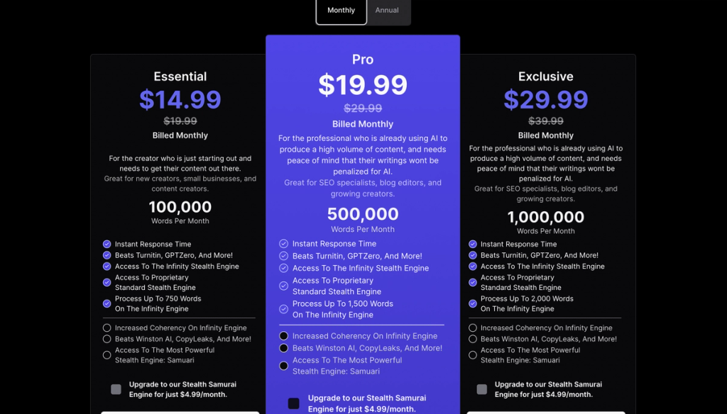 StealthGPT Monthly Pricing