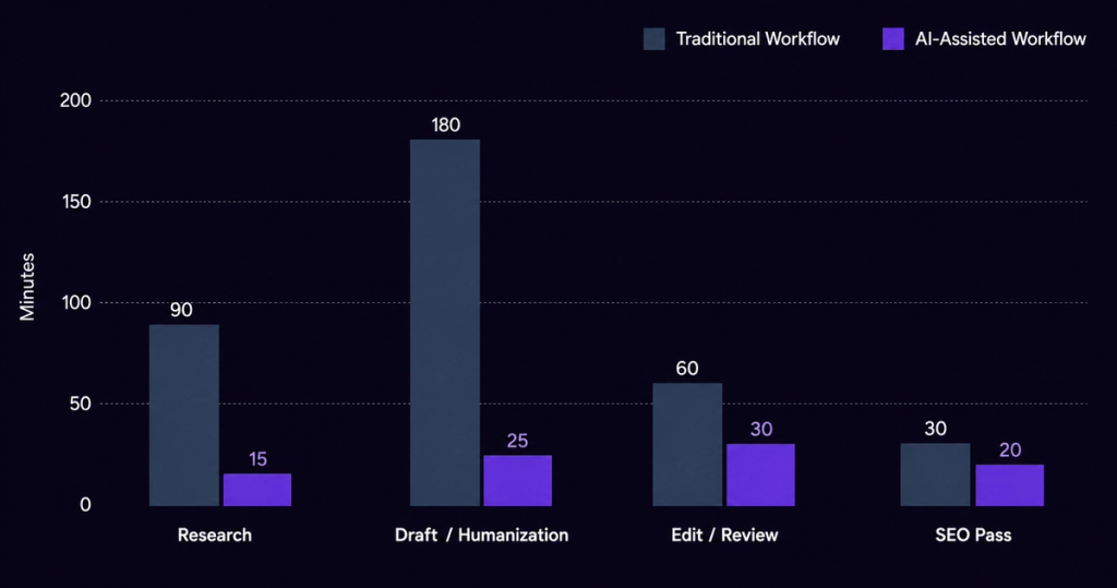 a chart for the time spent in a traditional workflow vs an ai workflow