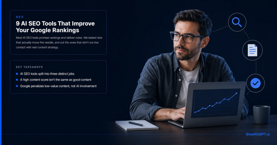 Royal blue listicle thumbnail with a tools icon and headline "9 AI SEO Tools That Actually Improve Your Google Rankings" on a deep navy background