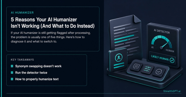 Teal-accent listicle card with a warning icon and headline "5 Reasons Your AI Humanizer Isn't Working (And What to Do Instead)" on deep navy