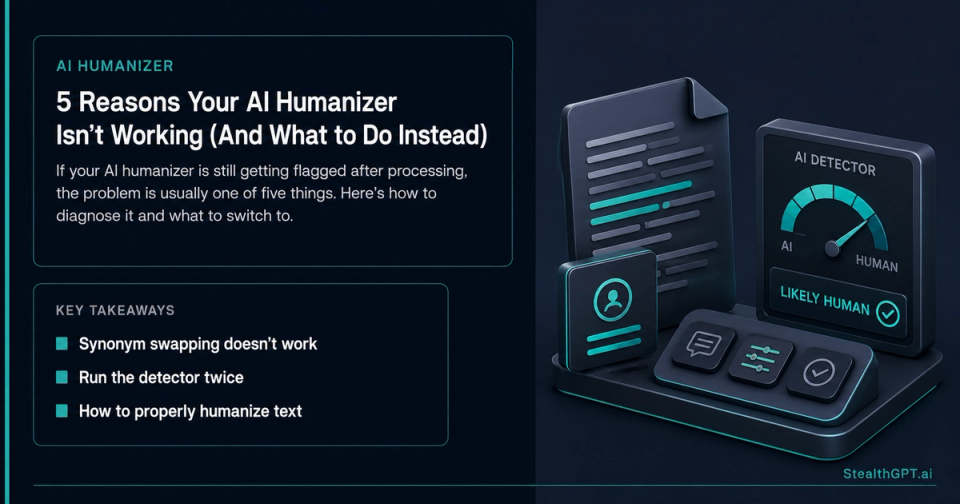 Teal-accent listicle card with a warning icon and headline "5 Reasons Your AI Humanizer Isn't Working (And What to Do Instead)" on deep navy