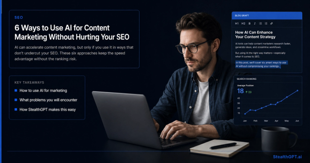Royal blue listicle thumbnail with a shield-check icon and headline "6 Ways to Use AI for Content Marketing Without Hurting Your SEO" on navy