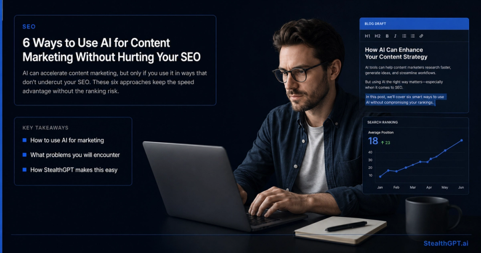 Royal blue listicle thumbnail with a shield-check icon and headline "6 Ways to Use AI for Content Marketing Without Hurting Your SEO" on navy