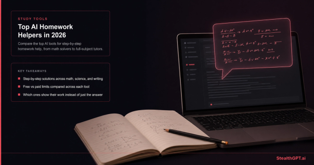 Laptop with glowing homework-helper chat bubble solving an equation, next to a handwritten notebook — StealthGPT.ai study tools thumbnail