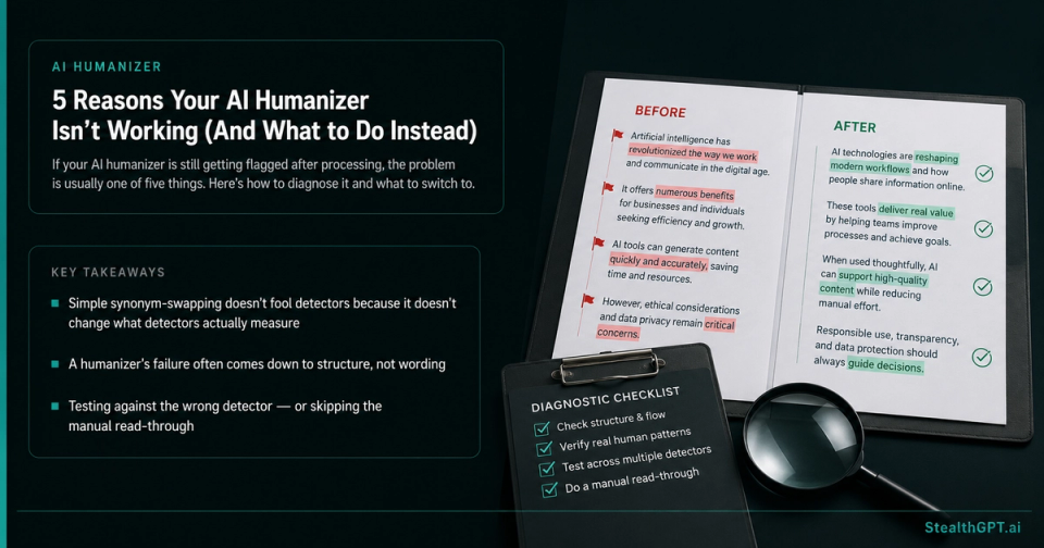 Teal-accent listicle card with a warning icon and headline "5 Reasons Your AI Humanizer Isn't Working (And What to Do Instead)" on deep navy