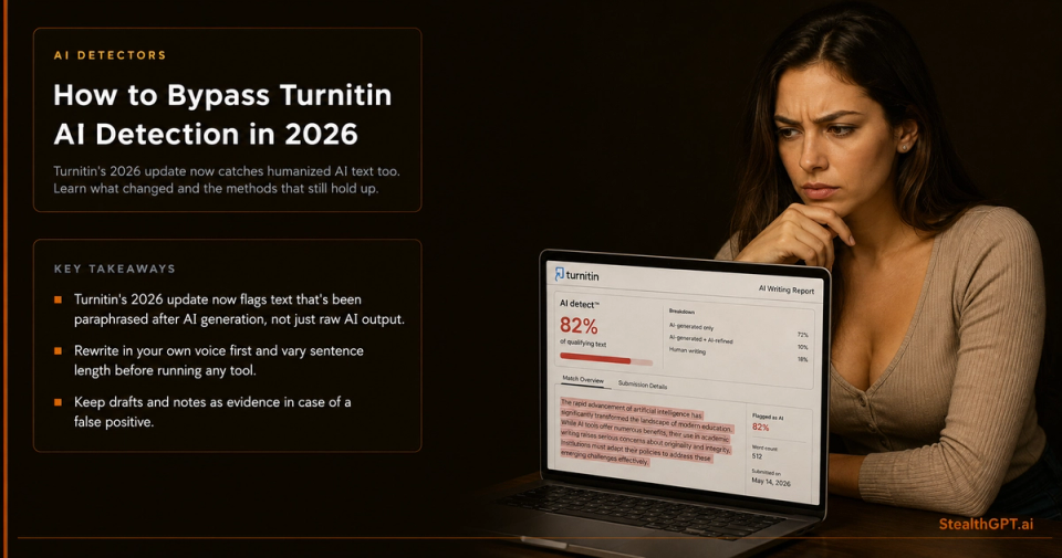 Amber-accented deep navy thumbnail with a detector gauge icon and bold headline "How to Bypass Turnitin AI Detection in 2026"