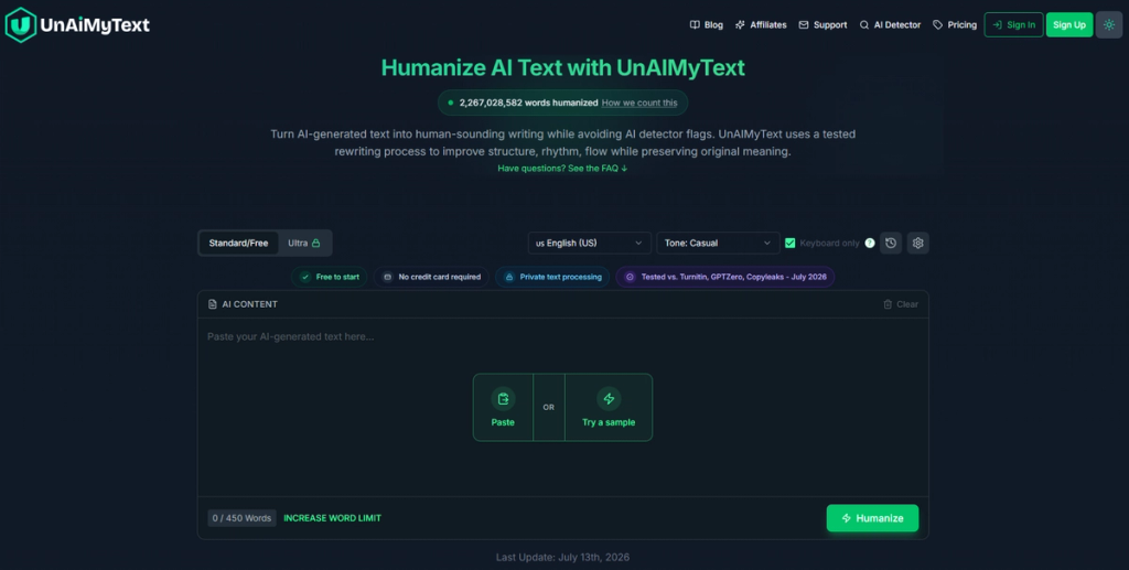 UnAiMyText Homepage