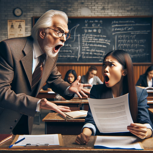 DALL·E 2023 11 19 16 30 35 A Dramatic Scene In A University Classroom Where A Professor Is Shouting And Arguing With A College Student Over A Research Paper The Professor, An E