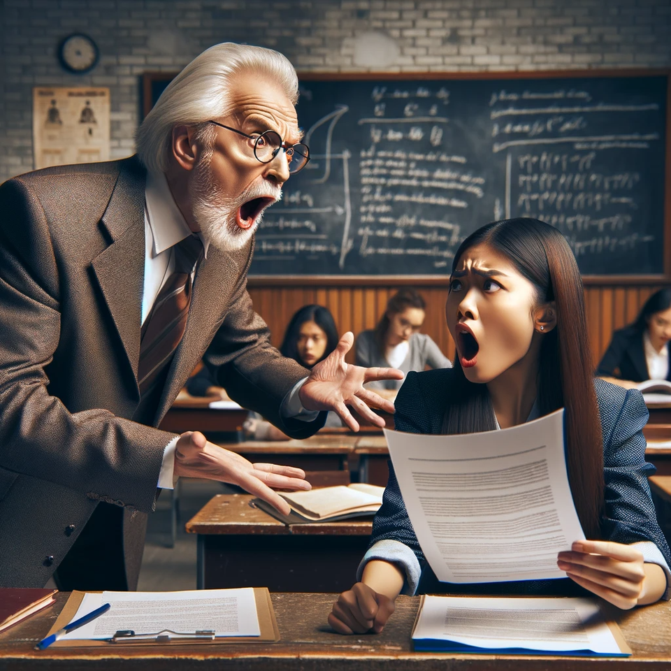 DALL·E 2023 11 19 16 30 35 A Dramatic Scene In A University Classroom Where A Professor Is Shouting And Arguing With A College Student Over A Research Paper The Professor, An E