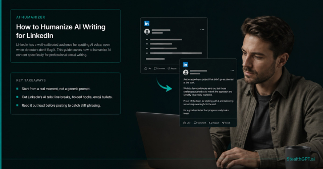 Teal and navy how-to card with a LinkedIn-style post mockup and headline "How to Humanize AI Writing for LinkedIn Without Sounding Like a Bot"