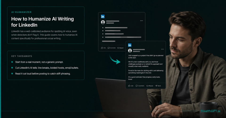 Teal and navy how-to card with a LinkedIn-style post mockup and headline "How to Humanize AI Writing for LinkedIn Without Sounding Like a Bot"