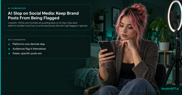 Pink-haired woman looking at her phone beside a ring light, next to the title AI Slop on Social Media: Keep Brand Posts From Being Flagged