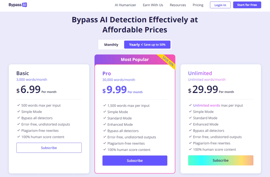 Bypass AI Pricing Yearly