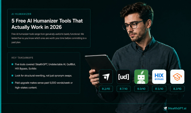 Teal-accent thumbnail with a "free" badge icon and headline "5 Free AI Humanizer Tools That Actually Work in 2026" on deep navy