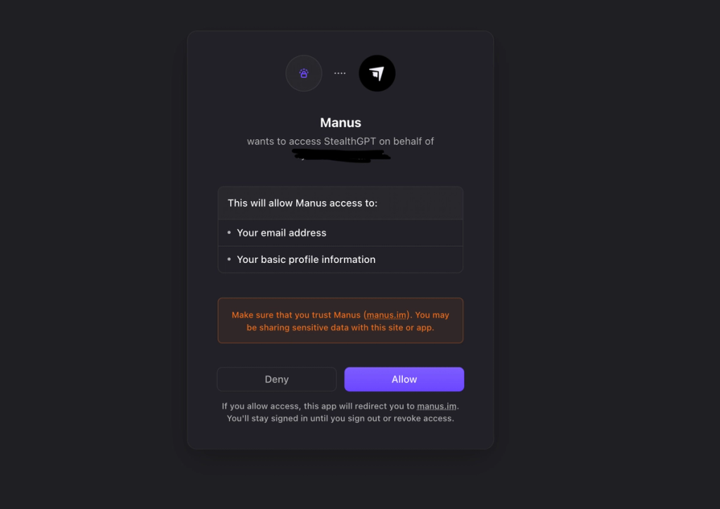 a re-direct to authorize Manus access on a StealthGPT account.