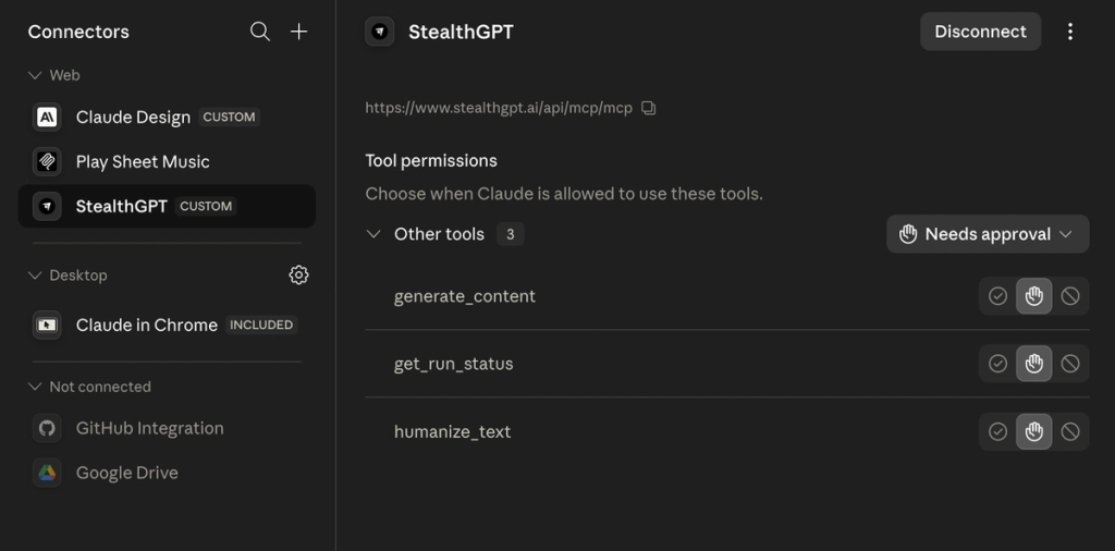 approving MCP tool permissions in the Claude for StealthGPT