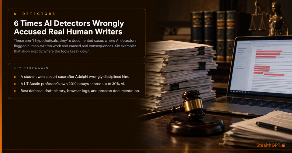 Amber-accent listicle card with a person-with-flag icon and headline "6 Times AI Detectors Wrongly Accused Real Human Writers" on navy
