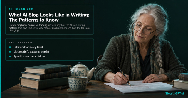 Older woman with a silver braid writing with a fountain pen, beside the title What AI Slop Looks Like in Writing: The Patterns to Know