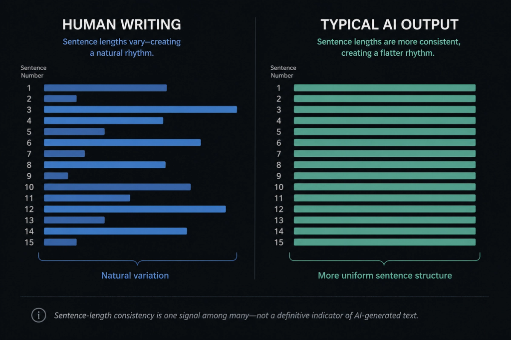 side-by-side chart showing sentence length variation in human writing vs. flattened AI output
