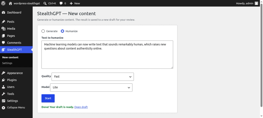 Wordpress humanizing mode for content page