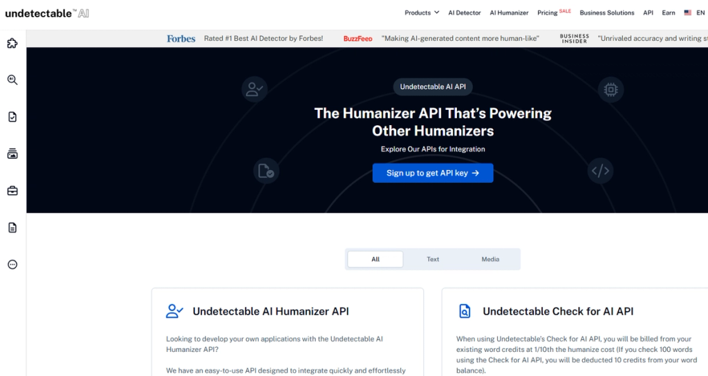 Undetectable AI API page