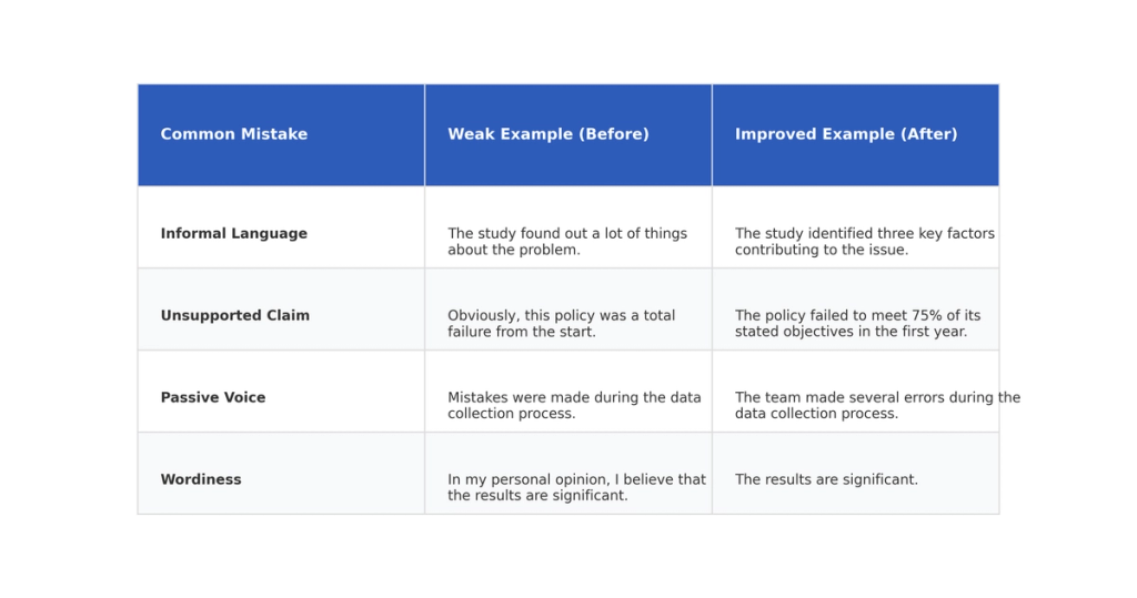 Table: Common Mistake, Weak Example (Before), Improved Example (After)