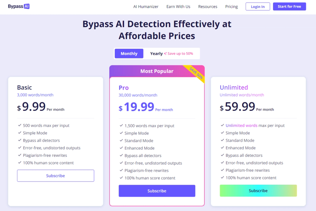 Bypass AI Pricing Monthly