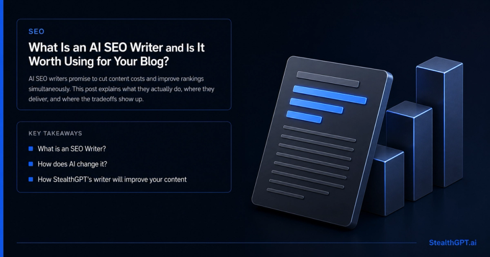 Royal blue explainer card with a writer-at-desk icon and headline "What Is an AI SEO Writer and Is It Worth Using for Your Blog?" on deep navy