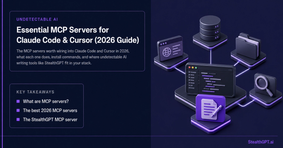 MCP servers for Claude Code and Cursor guide thumbnail with connected server tiles and StealthGPT writing node