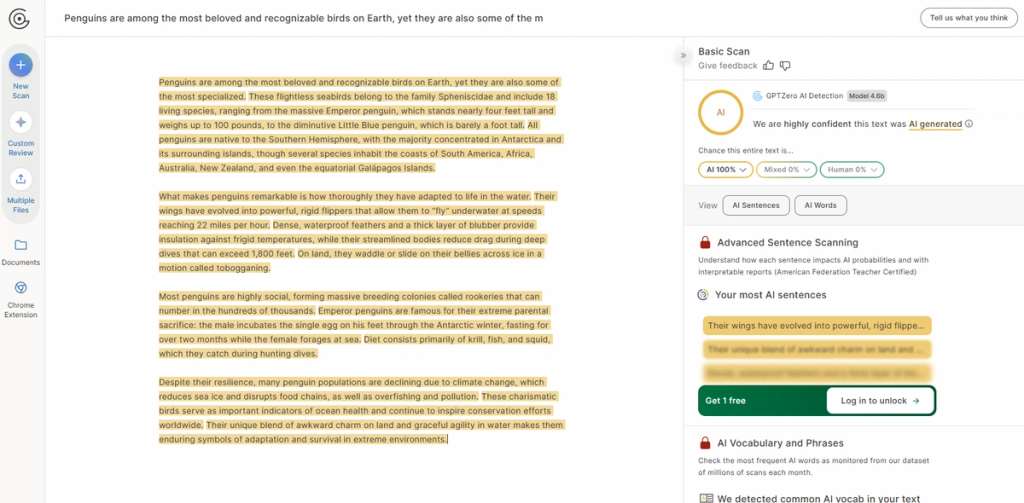 GPTZero text analysis