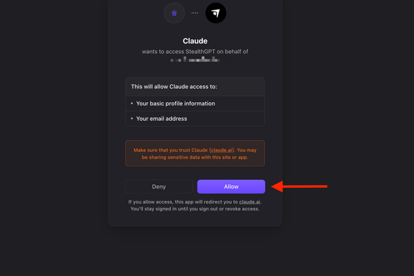 a re-direct to authorize Claude connector access on a StealthGPT account.