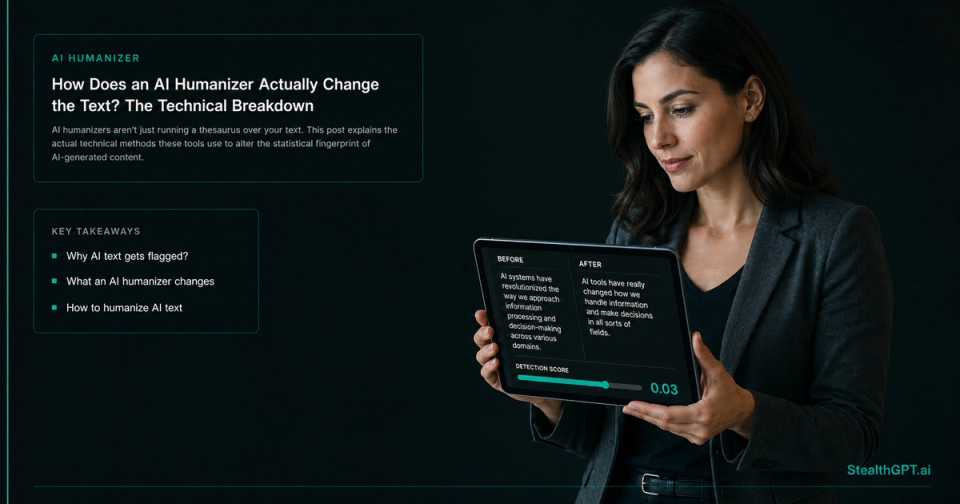 Teal explainer thumbnail with a code-to-text transformation graphic and headline "How Does an AI Humanizer Actually Change the Text? The Technical Breakdown" on navy