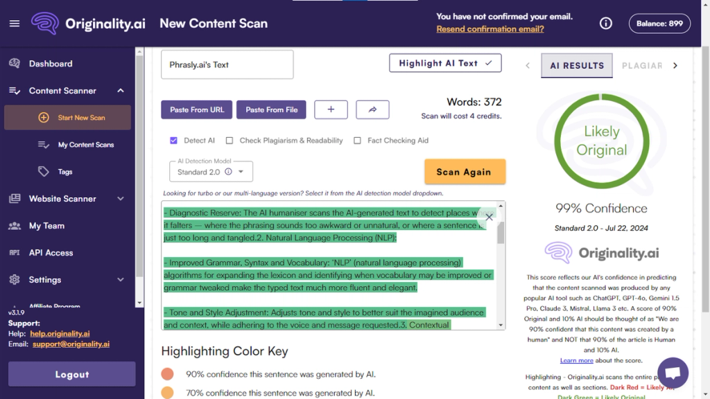 Phrasly Ai Bypasses Originality Ai Standard 2 0