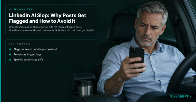 Gray-haired man in a car frowning at his phone, beside the title LinkedIn AI Slop: Why Posts Get Flagged and How to Avoid It