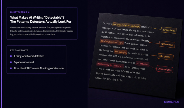 Deep navy thumbnail with violet accent bar and magnifying-glass-over-text icon; headline reads "What Makes AI Writing Detectable? The Patterns Detectors Actually Look For"