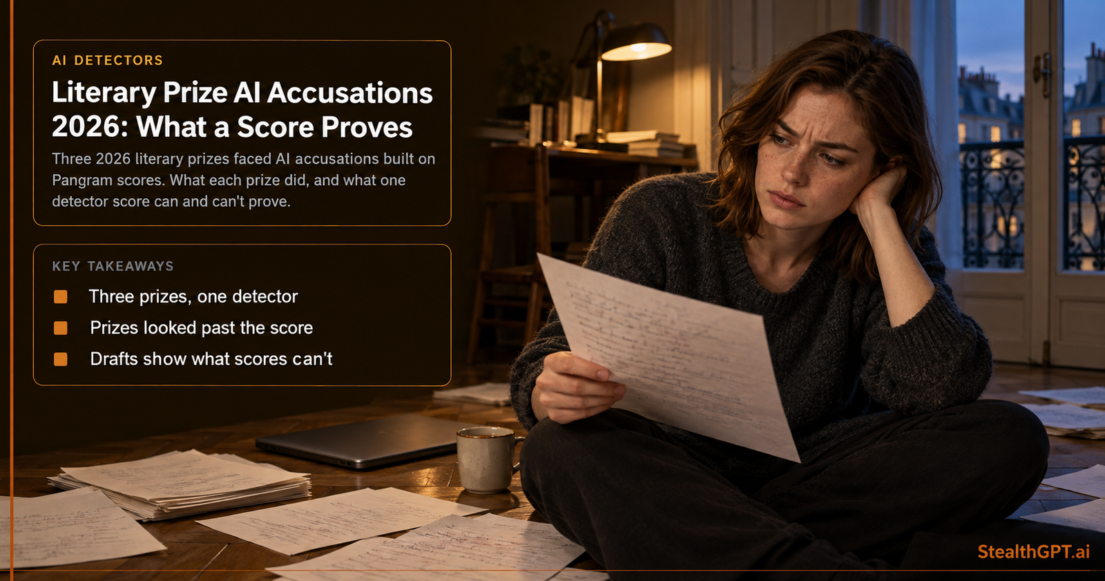 Young woman with dark brown hair sits on the floor of a Paris flat at dusk reading a manuscript page among loose papers, next to the title Literary Prize AI Accusations 2026: What a Score Proves