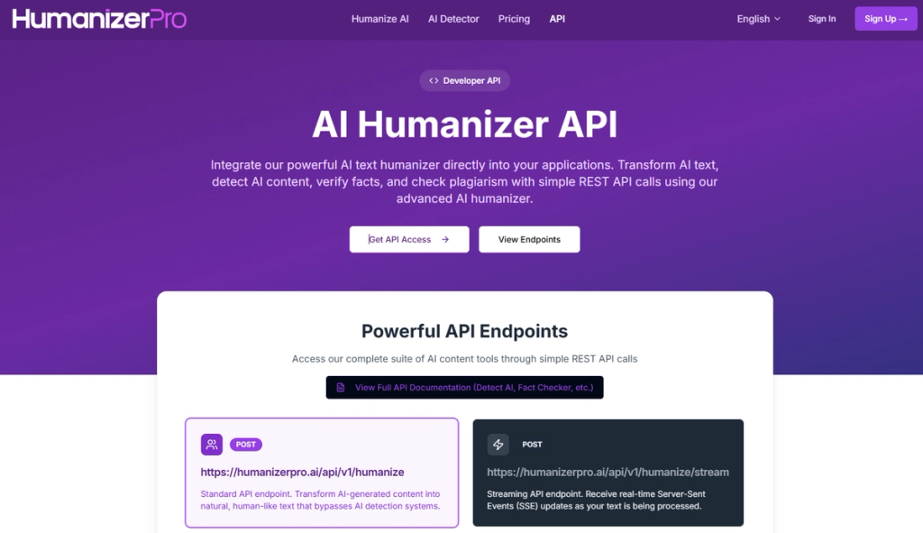 humanizer pro api landing page