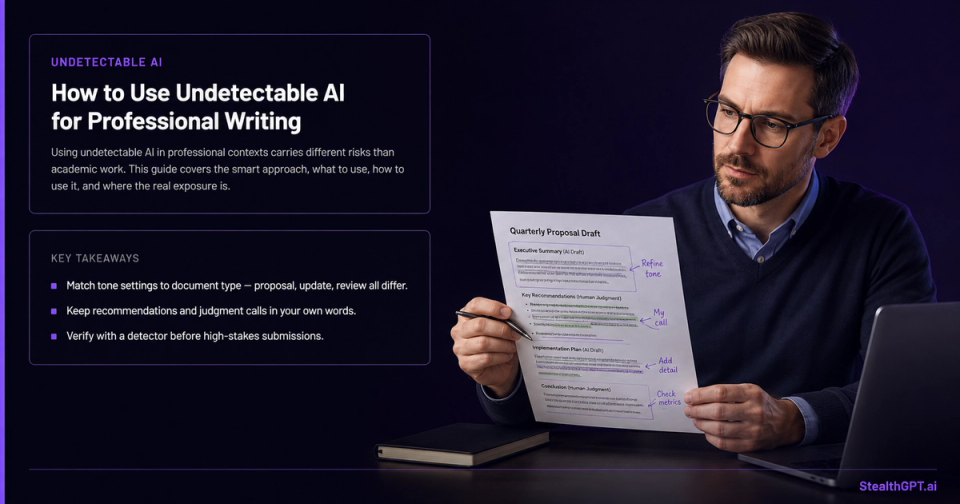 Violet and navy how-to card with a briefcase icon and headline "How to Use Undetectable AI for Professional Writing Without Getting Caught"