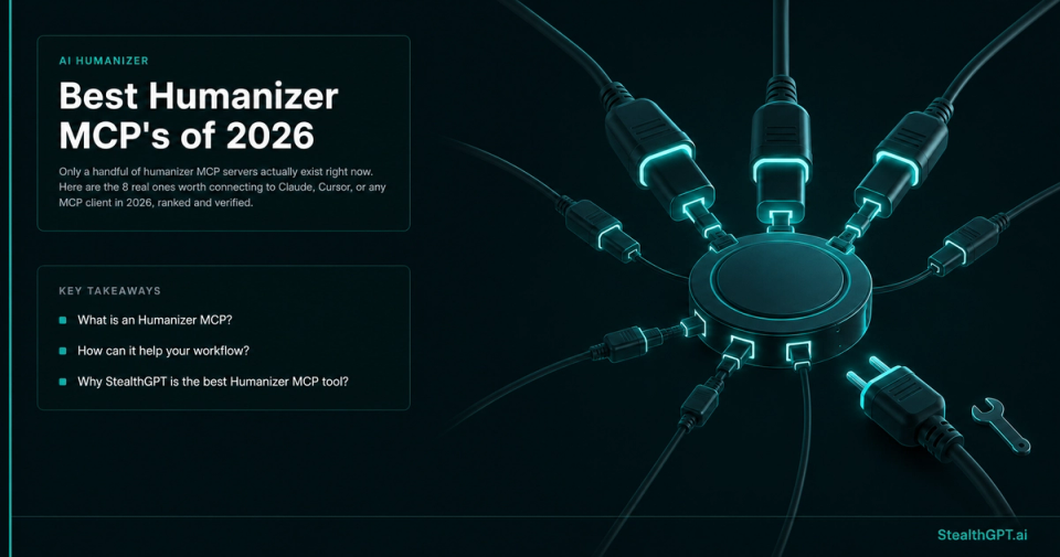 Abstract illustration of a central hub with multiple glowing connector nodes plugging in at different sizes, representing commercial, open-source, and build-your-own MCP server tiers for AI humanizers