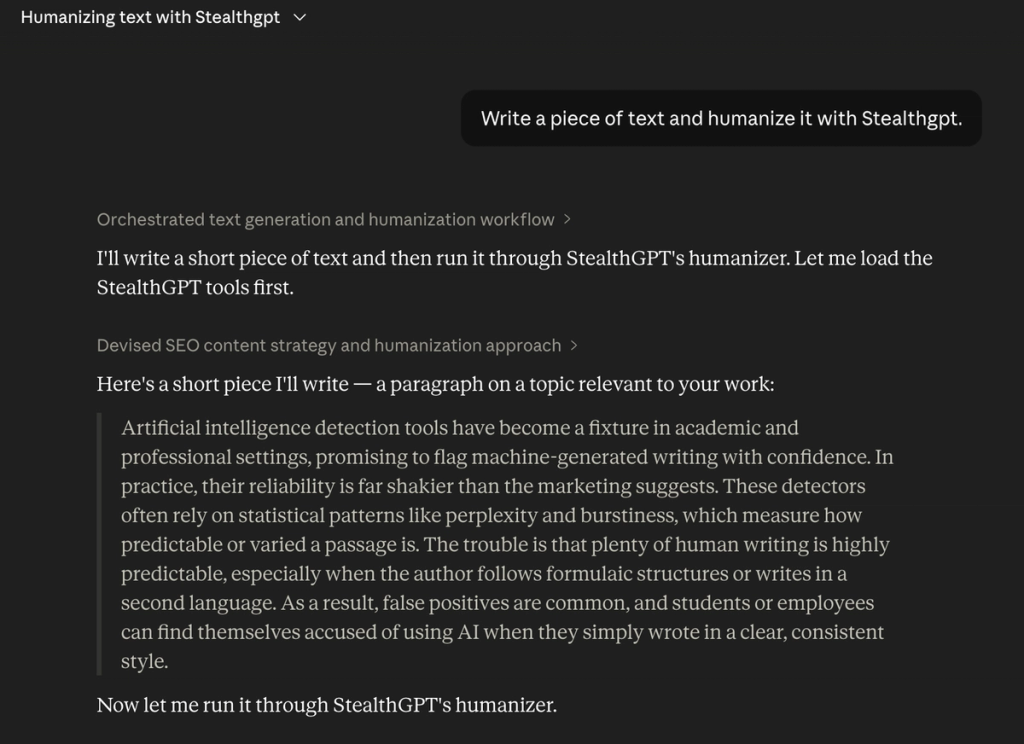 Prompting Claude to generate content and to humanize it with the StealthGPT tool.