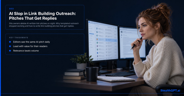 Woman with an auburn bun in a cream sweater reviewing outreach emails on two monitors, beside the title AI Slop in Link Building Outreach: Pitches That Get Replies