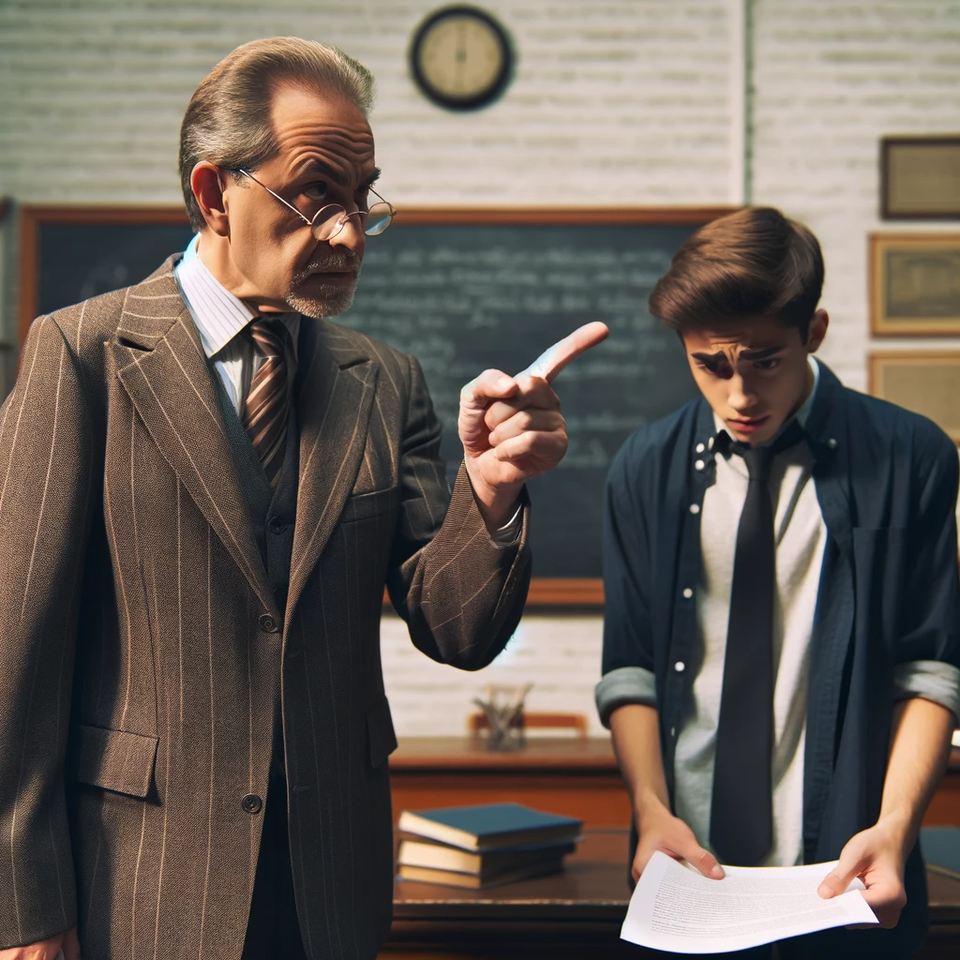 DALL·E 2023 12 18 23 20 54 A Scene In A University Setting, Depicting A Professor Expressing Frustration Towards A College Student The Professor, Middle Aged And Dressed In Pro