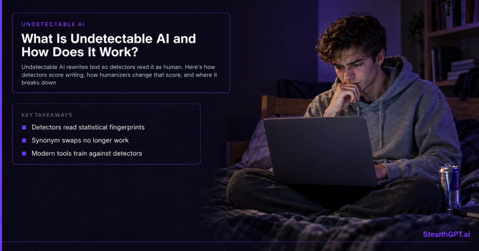 Deep navy thumbnail with violet accent panel and headline "What Is Undetectable AI and How Does It Actually Work?" over a faint circuit-pattern background