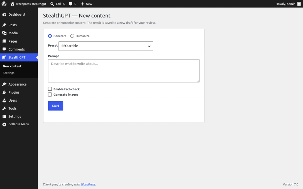 Wordpress content page generating tab for StealthGPT API
