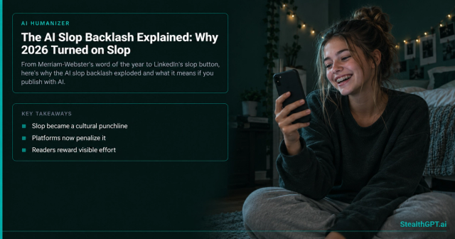 Laughing teenage girl with braces sitting on her bedroom floor holding up her phone, beside the title The AI Slop Backlash Explained: Why 2026 Turned on Slop
