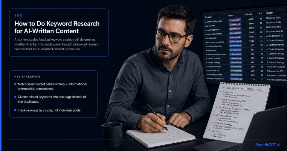 Royal blue how-to card with magnifying glass icon and headline "How to Do Keyword Research for AI-Written Content That Competes" on navy