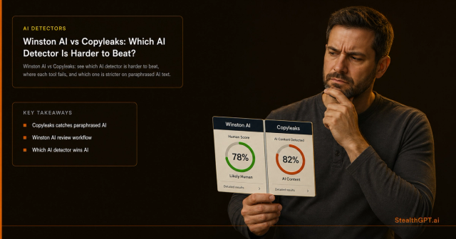 Amber split-panel comparison thumbnail reading "Winston AI vs Copyleaks" with accuracy meter graphics for each tool on deep navy