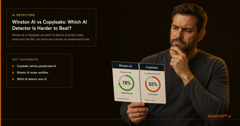 Amber split-panel comparison thumbnail reading "Winston AI vs Copyleaks" with accuracy meter graphics for each tool on deep navy