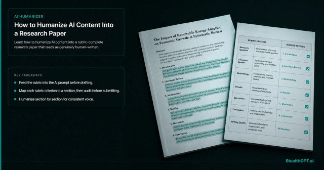 Humanizing AI content into a rubric-mapped, submission-ready research paper