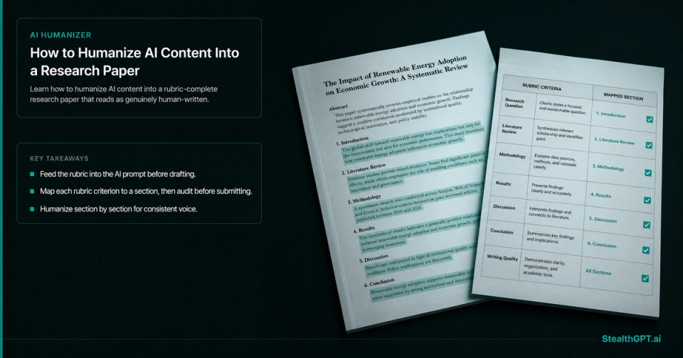 Humanizing AI content into a rubric-mapped, submission-ready research paper